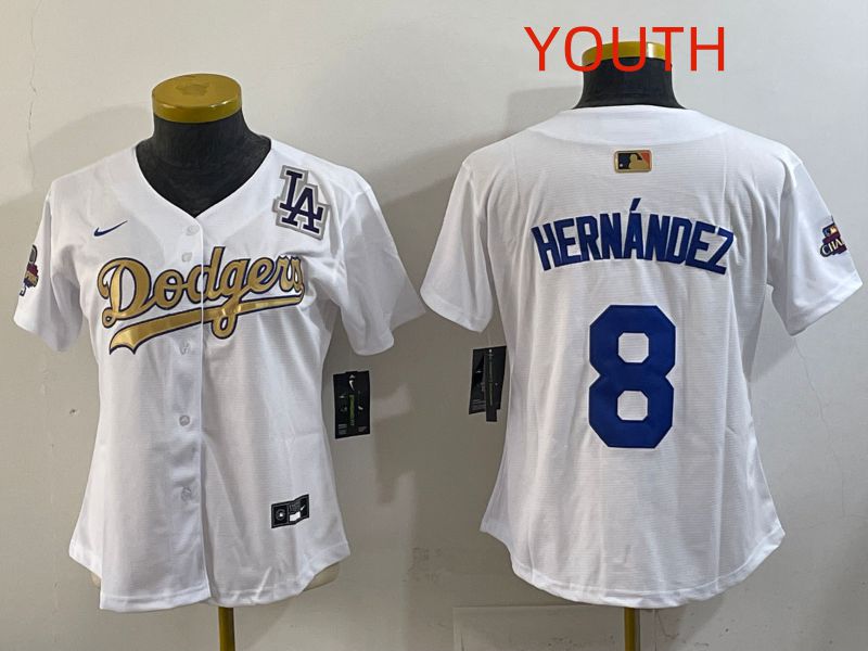 Youth Los Angeles Dodgers #8 Hernandez White Champion edition Nike MLB Jersey style 005->youth mlb jersey->Youth Jersey